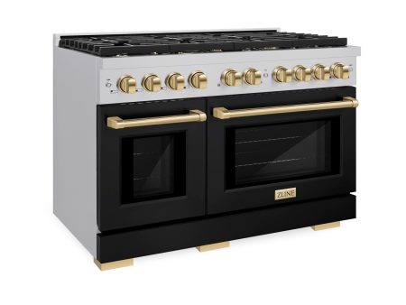 ZLINE Autograph Edition 48 in. 6.7 cu. ft. Paramount Double Oven Gas Range with 8 Burner Cooktop in Stainless Steel with Black Matte Doors and Polished Gold Accents (SGRZ-BLM-48-G) Cheap