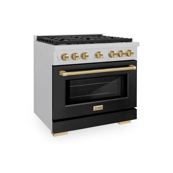 ZLINE Autograph Edition 36 in. 5.2 cu. ft. Paramount Gas Range with 6 Burner Cooktop and Convection Gas Oven in DuraSnow  Stainless Steel with Black Matte Door and Champagne Bronze Accents (SGRSZ-BLM-36-CB) Fashion