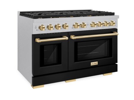 ZLINE Autograph Edition 48 in. 6.7 cu. ft. Paramount Double Oven Gas Range with 8 Burner Cooktop in DuraSnow  Stainless Steel with Black Matte Doors and Polished Gold Accents (SGRSZ-BLM-48-G) Fashion