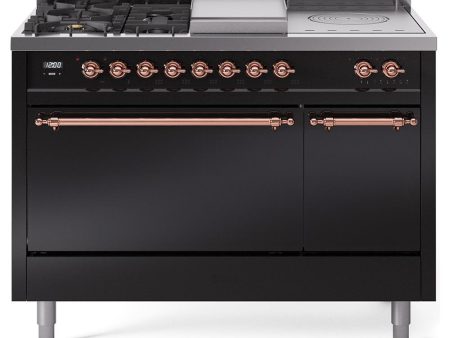 ILVE Nostalgie II 48 UP48FSQNMPBKP Freestanding Dual Fuel Range with 5 Sealed Burners Yes and French Top Double Oven with Solid Door in Glossy Black with Copper knobs Online Sale